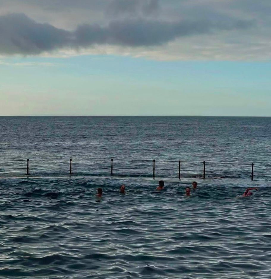 Members swimming in the sea pool at dawn, heads bobbing above calm water